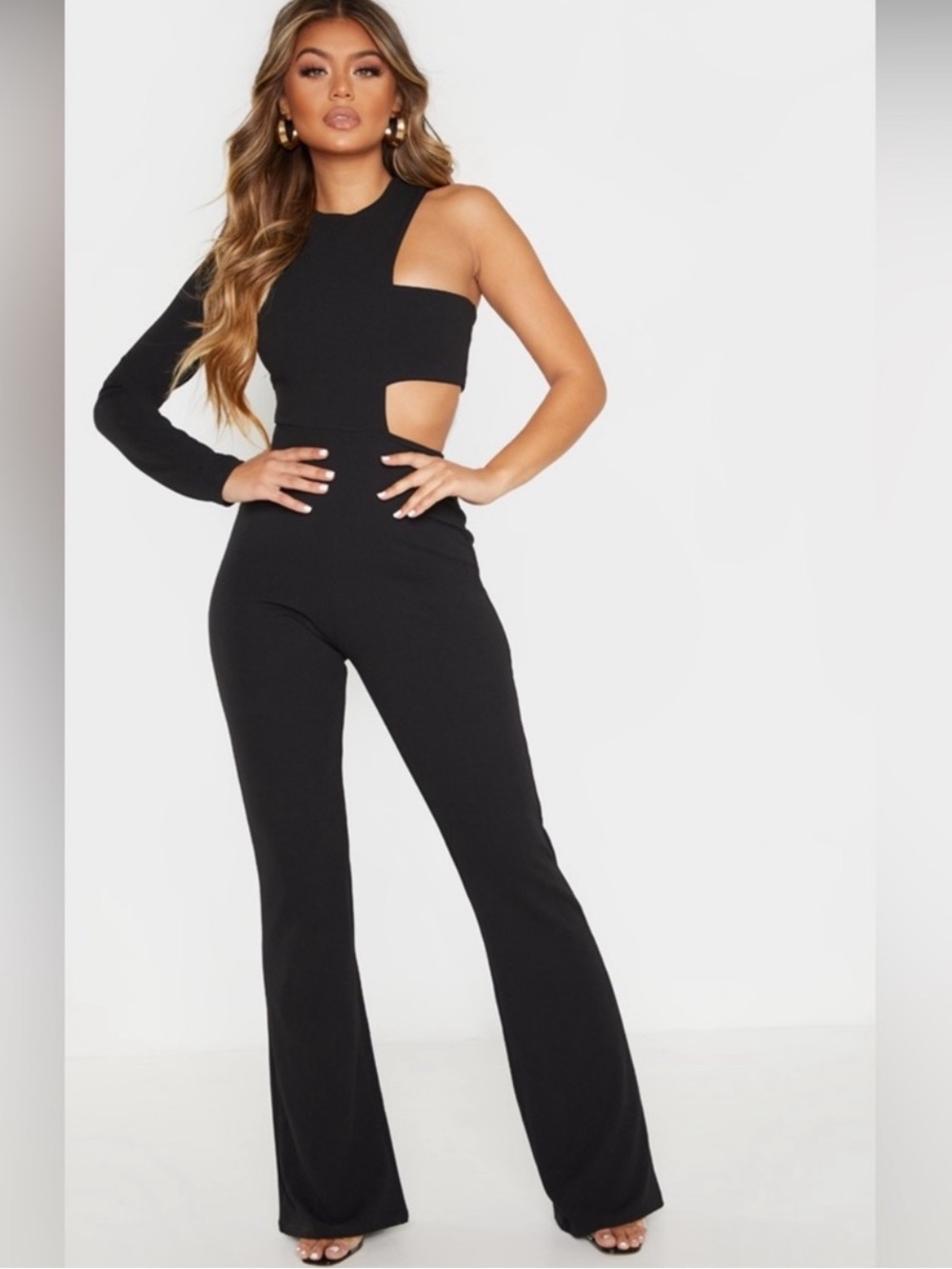 PrettyLittleThing Black One-Arm Cutout Flared Jumpsuit